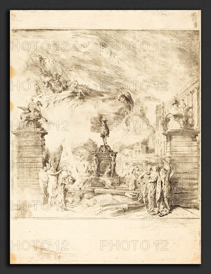 Gabriel Jacques de Saint-Aubin (French, 1724 - 1780), Allegorie sur l'Erection de la Statue de Louis XV (Allegory on the Establishment of a, c. 1763, etching with traces of roulette and engraving