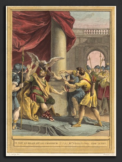 BenoÃ®t-Louis Prévost after Jean-Baptiste Oudry (French, c. 1735 - 1804), Le roi, le milan, et le chasseur (The King, the Kite, and the Hunter), published 1759, hand-colored etching