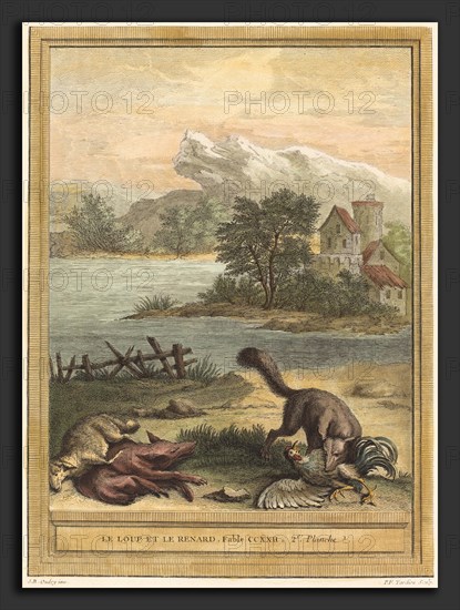 Pierre FranÃ§ois Tardieu after Jean-Baptiste Oudry (French, 1711 - 1771), Le loup et le renard, The Wolf and the Fox, published 1759, hand-colored etching