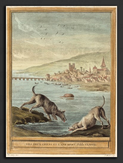 Elie du Mesnil after Jean-Baptiste Oudry (French, born 1726 or 1728), Les deux chiens et l'ane mort, Two Dogs and the Dead Donkey, published 1756, hand-colored etching