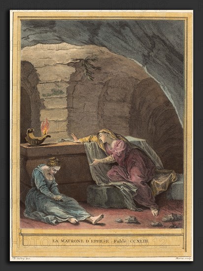 Martin Marvie after Jean-Baptiste Oudry (French, 1713 - 1813), La matrone d'Ephese, The Matron of Ephese, published 1759, hand-colored etching