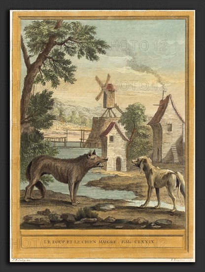 Louis-Simon Lempereur after Jean-Baptiste Oudry (French, 1728 - 1807), Le loup et le chien maigre, The Wolf and the Thin Dog), published 1756, hand-colored etching