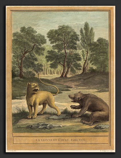 Louis-Simon Lempereur after Jean-Baptiste Oudry (French, 1728 - 1807), La lionne et l'ours (The Lion and the Bear, published 1759, hand-colored etching