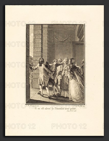 Noël Le Mire after Jean-Michel Moreau (French, 1724 - 1801), Il en est nâvré, je l'entraine avec peine, 1779, etching and engraving