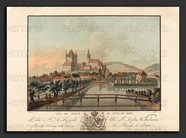 Jean-FranÃ§ois Janinet (French, 1752 - 1814), Vue de Thun du Cote du Midi, probably 1776, color aquatint and etching