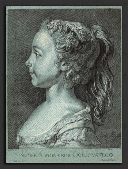Louis-Marin Bonnet after Carle Van Loo (French, 1736 - 1793), Marie-Rosalie Vanloo, c. 1764, chalk manner printed in black and white inks on blue paper