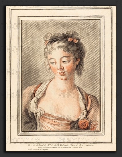Louis-Marin Bonnet after FranÃ§ois Boucher (French, 1736 - 1793), Bust of a Young Woman Looking Down, 1773 or later, chalk manner printed in black and red