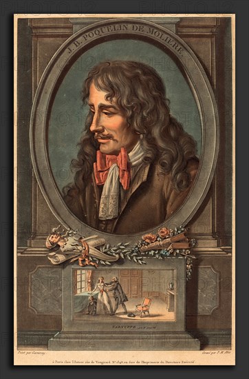 Pierre-Michel Alix after Jean-FranÃ§ois Garnerey (French, 1762 - 1817), J.B. Poquelin de Moliere, color aquatint