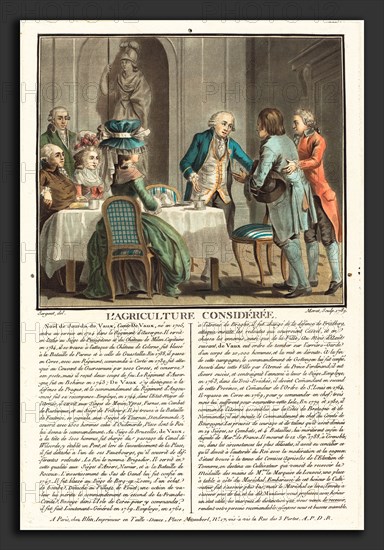 Jean-Baptiste Morret after Antoine-FranÃ§ois Sergent (French, active 1789 - 1820), L'agriculture consideree, le Comte de Veaux, 1789, etching and color aquatint