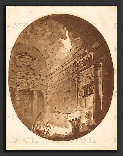 Jean-Claude-Richard, Abbé de Saint-Non after Hubert Robert (French, 1727 - 1791), Interior of a Roman Villa, 1765, etching and aquatint in brown on laid paper