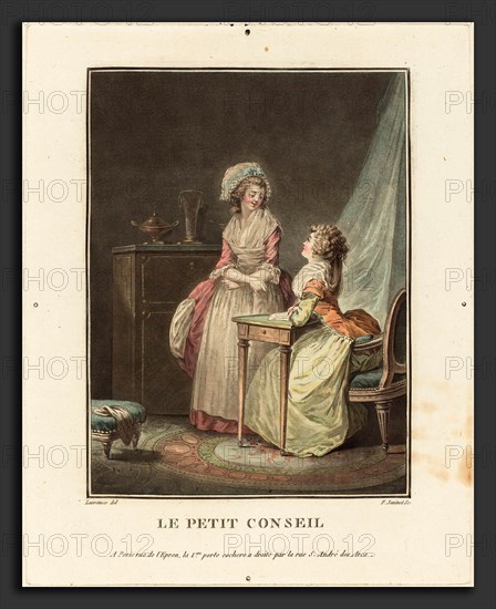 Jean-FranÃ§ois Janinet after Nicolas Lavreince (French, 1752 - 1814), Le petit conseil, color aquatint