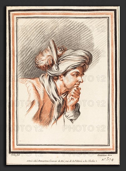 Atelier of Gilles Demarteau the Elder after Carle Van Loo (French, 1722 - 1776), Head of a Man Wearing a Plumed Turban, 1772, chalk-manner in red and black inks