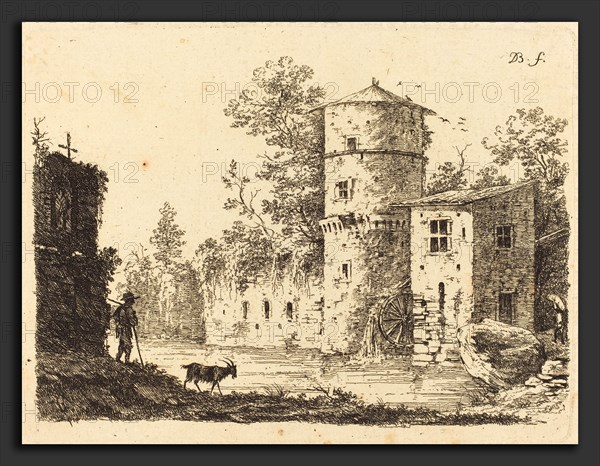 Jean-Jacques de Boissieu (French, 1736 - 1810), Ancient Tower with a Water Mill, 1759, etching on laid paper
