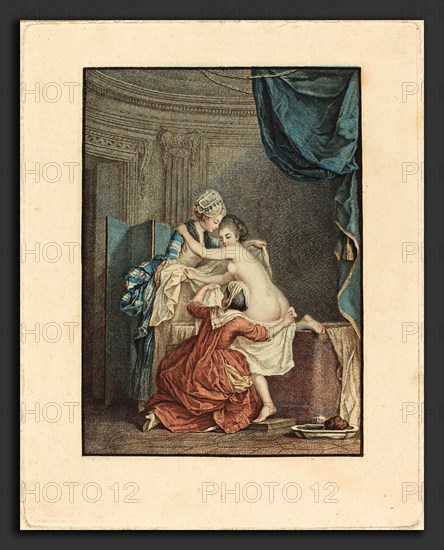 Nicolas Francois Regnault after Pierre-Antoine Baudouin (French, 1746 - c. 1810), Le bain (The Bath), color stipple etching and etching