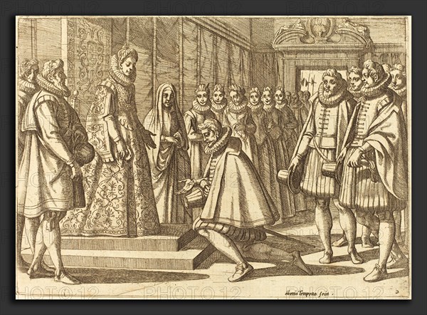 Antonio Tempesta (Italian, 1555 - 1630), Philip of Spain Before Margaret of Austria, 1612, etching on laid paper [restrike]