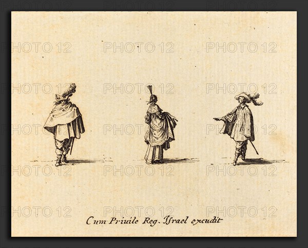 Jacques Callot (French, 1592 - 1635), Lady with Dress Gathered Up, and Two Gentlemen, probably 1634, etching