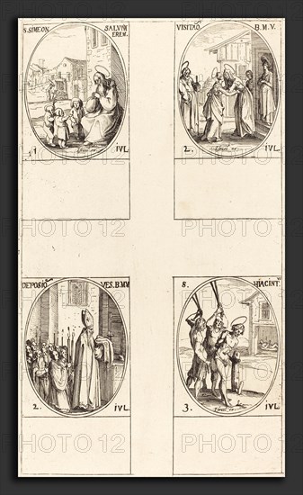Jacques Callot (French, 1592 - 1635), St. Simeon Salus; The Visitation; Deposition of the Virgin's Clothes; St. Hiacintus, etching