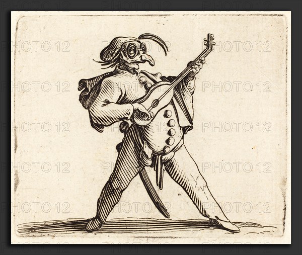 Jacques Callot (French, 1592 - 1635), The Masked Comedian Playing a Guitar, c. 1622, etching and engraving