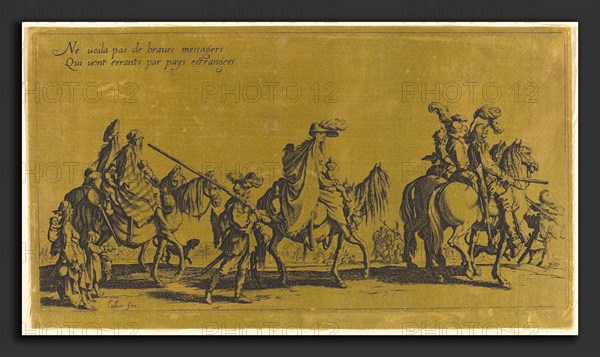 Jacques Callot (French, 1592 - 1635), The Bohemians Marching: The Vanguard, probably 18th century, etching and engraving on gold colored silk