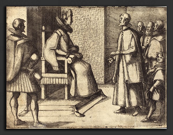 Jacques Callot (French, 1592 - 1635), The Envoy of Tuscany thanking the Queen, 1612, etching