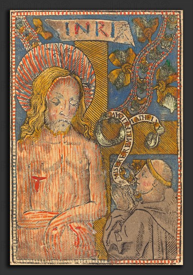 French 15th Century, The Man of Sorrows with a Franciscan, 1490-1500, woodcut, hand-colored in red, blue, green-yellow, gray, and flesh