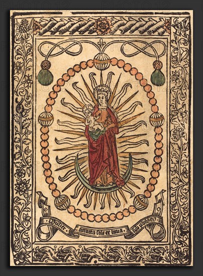 French 15th Century, The Madonna and Child in a Rosary, c. 1490, woodcut, hand-colored in brown, red, and green