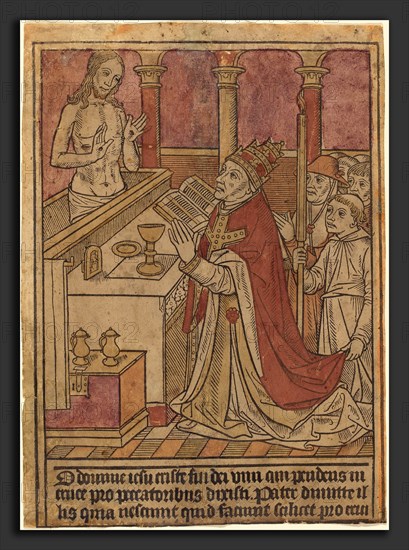 French 15th Century, The Mass of Saint Gregory [recto], c. 1490, woodcut, hand-colored in red, yellow, cinnamon, lilac, possibly with stencil