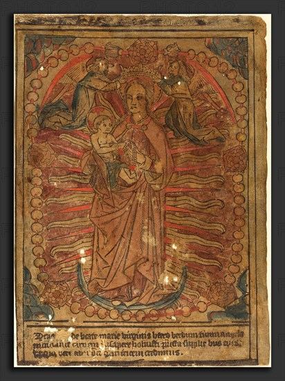 French 15th Century, The Madonna and Child in a Rosary, c. 1490, woodcut, hand-colored in mauve purple, vermilion, gray-blue, probably by stencil