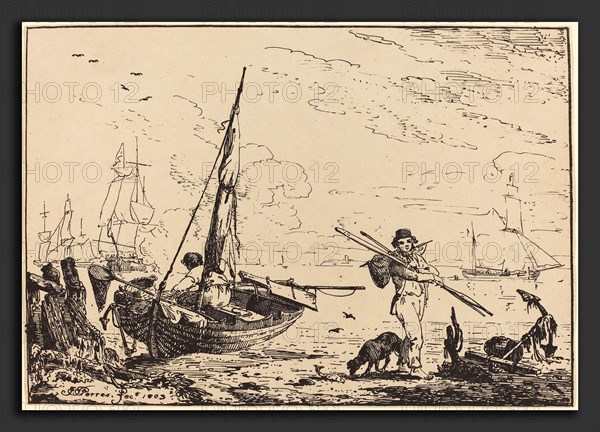 John Thomas Serres (British, 1759 - 1825), Marine: Fishing Boats on Shore, Man with Oars, Ship in Distance, 1803, pen-and-tusche lithograph