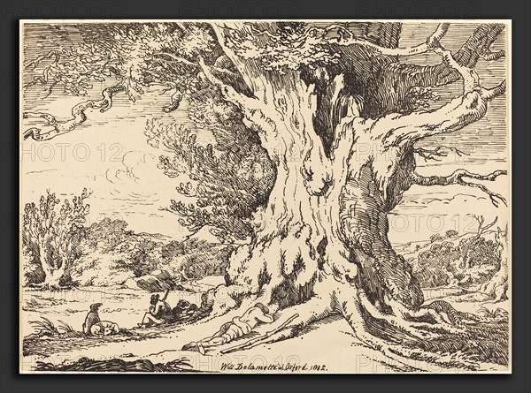 William Alfred Delamotte (British, 1775 - 1863), Resting, Men and Dogs under a Big Tree, 1802, pen-and-tusche lithograph