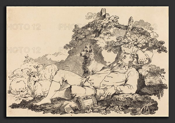 John Boyne (British, c. 1750 - 1810), Shepherd with Dog and Sheep, 1806, pen-and-tusche lithograph