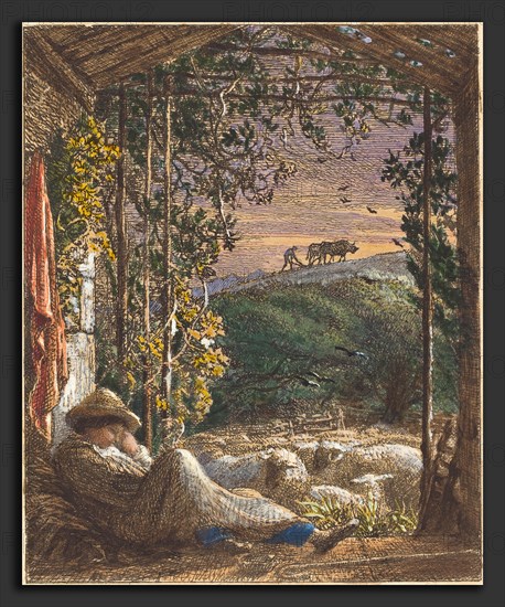 Samuel Palmer (British, 1805 - 1881), The Sleeping Shepherd; Early Morning, 1857, etching, hand-colored with watercolor and opaque white with gold highlights