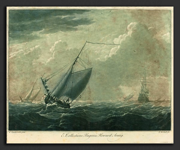Elisha Kirkall after Willem van de Velde the Elder (English, c. 1682 - 1742), Shipping Scene from the Collection of Hugo Howard, 1720s, mezzotint and etching printed in green and black on laid paper