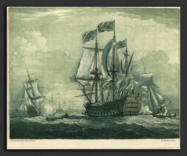 Elisha Kirkall after Willem van de Velde the Younger (English, c. 1682 - 1742), Shipping Scene with Man-of-War, 1720s, mezzotint and etching printed in green and black on laid paper