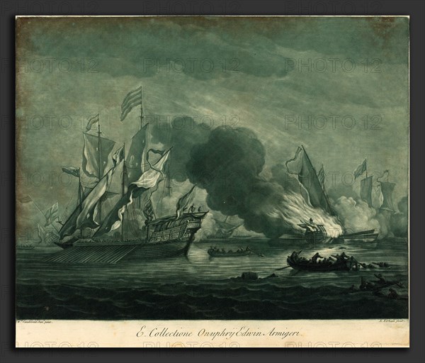 Elisha Kirkall after Willem van de Velde the Elder (English, c. 1682 - 1742), Shipping Scene from the Collection of Onuphrij Edwin, 1720s, mezzotint and etching printed in green and black on laid paper