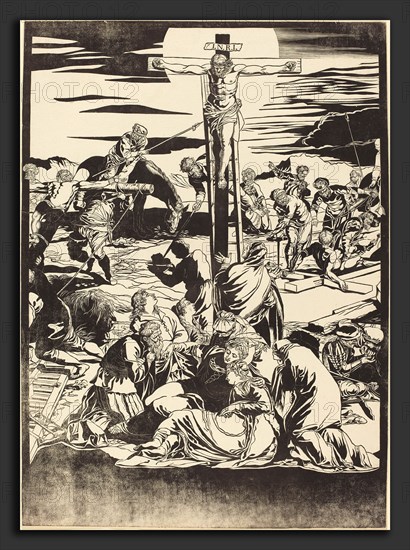John Baptist Jackson after Jacopo Tintoretto (English, 1701 - c. 1780), The Crucifixion [center plate], 1741, chiaroscuro woodcut in black [trial proof of key block]