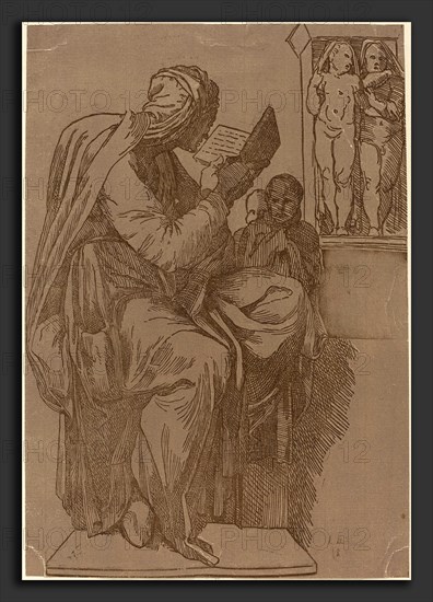 John Skippe after Michelangelo (British, 1742 - 1812), A Sibyl Reading, 1780s, chiaroscuro woodcut printed from 2 blocks: brown line block and gray-brown tone block on laid paper