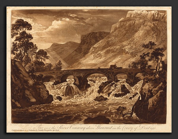 Paul Sandby (British, 1731 - 1809), Pont-y-Pair over the River Conway above Llanrwst in the County of Denbigh, 1776, aquatint in sanguine