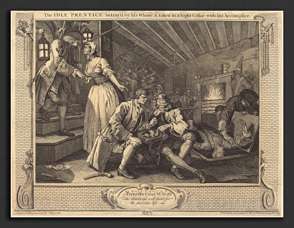 William Hogarth (English, 1697 - 1764), The Idle 'Prentice betray'd by his Whore, & taken in a Night Cellar with his Accomplice, 1747, etching and engraving
