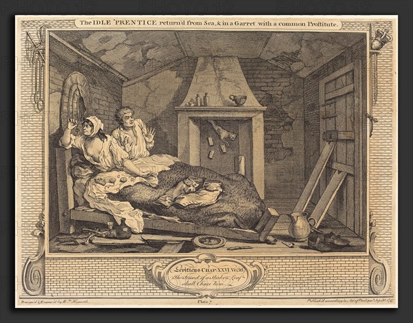 William Hogarth (English, 1697 - 1764), The Idle 'Prentice return'd from Sea & in a Garret with a common Prostitute, 1747, etching and engraving
