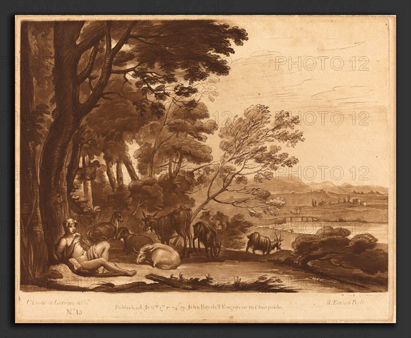 Richard Earlom after Claude Lorrain (British, 1743 - 1822), Landscape No. 15 from "Liber Veritatis", mezzotint and etching in brown