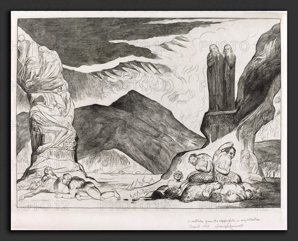William Blake (British, 1757 - 1827), The Circle of the Falsifiers: Dante and Virgil Covering their Noses because of the stench, 1827