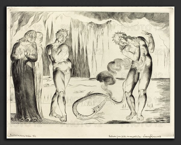 William Blake (British, 1757 - 1827), The Circle of the Thieves; Buoso Donati Attacked by the Serpent, 1827