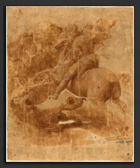 Raphael (Italian, 1483 - 1520), Saint George and the Dragon, brush and brown ink heightened with white over black chalk, incised with stylus