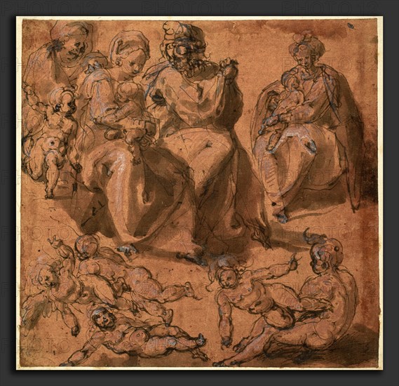 Cesare Pollini (Italian, c. 1560 - c. 1600), Studies of a Holy Family, pen and brown ink with brown and pink wash, heightened with white gouache, on laid paper washed sanguine