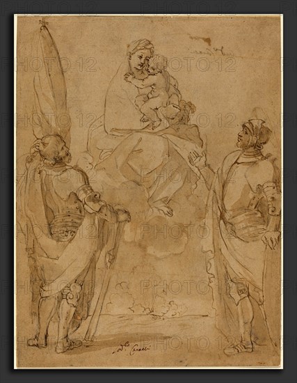 Lodovico Carracci (Italian, 1555 - 1619), The Virgin and Child Appearing to Saints George and William, pen and brown ink with brown wash over black  chalk on laid paper