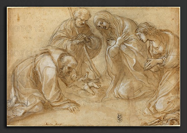 Lodovico Carracci (Italian, 1555 - 1619), The Nativity with Saints Francis and Agnes, c. 1605, pen and brown ink and brown wash with white heightening over black chalk; traces of incising