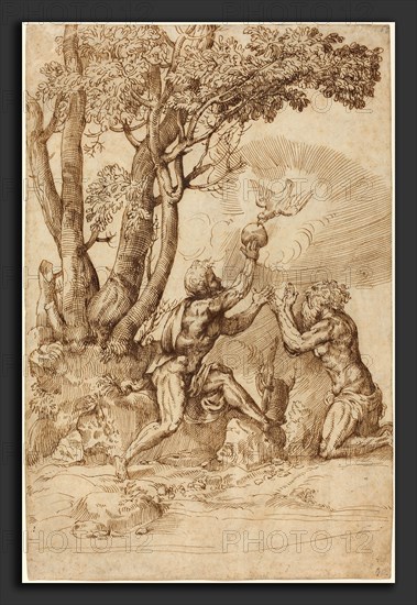 Domenico Campagnola (Italian, before 1500 - 1564), The Hermits Saint Paul and Saint Anthony Receiving Bread from a Dove, c. 1530, pen and brown ink over traces of metalpoint on laid paper