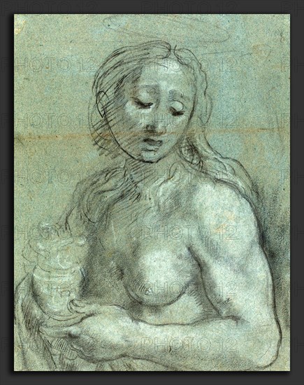 Federico Barocci (Italian, probably 1535 - 1612), Half-Length of Mary Magdalene, c. 1565-1567, black chalk heightened with white on blue paper