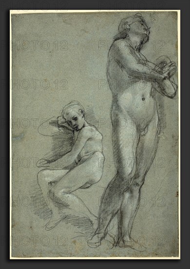 Federico Barocci (Italian, probably 1535 - 1612), Two Nude Youths [recto], c. 1565-1567, black chalk heightened with white, contours (of standing figure) incised, on blue paper